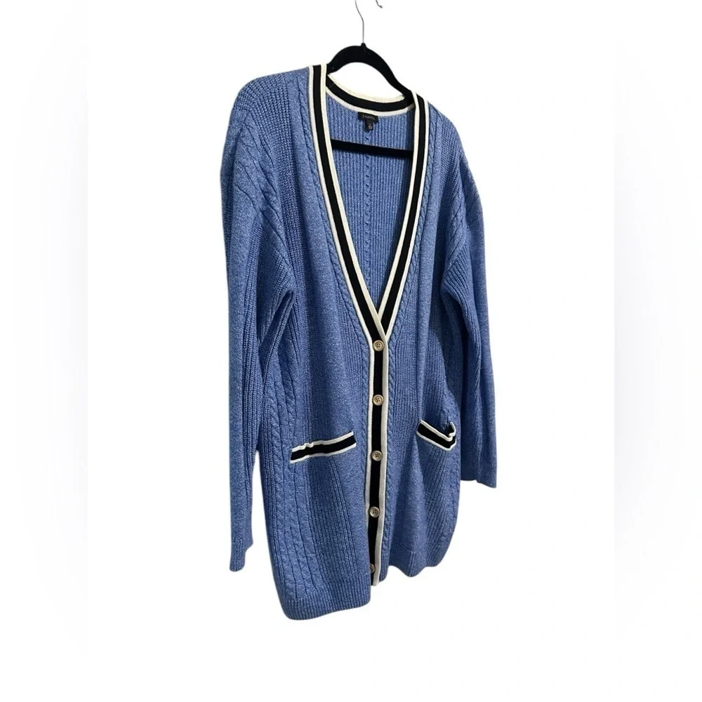 Talbots Iris Blue Cable Knit Tipped Girlfriend Cardigan Sweater Size L Preppy